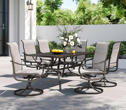 PHI VILLA Patio Dining Set for 6, Large Metal Table and 6 Outdoor Swivel Dining Chairs with Textilene Mesh Fabric, All Weather Patio Dining Furniture Set for Deck Lawn Garden (Gray)