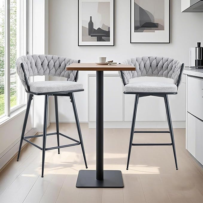 Set of 2 Swivel Bar Stools with Breathable Linen Cushions Light Gray Seat Black Iron Frame, Counter Height Stools for Kitchen Island, Dining or Pub