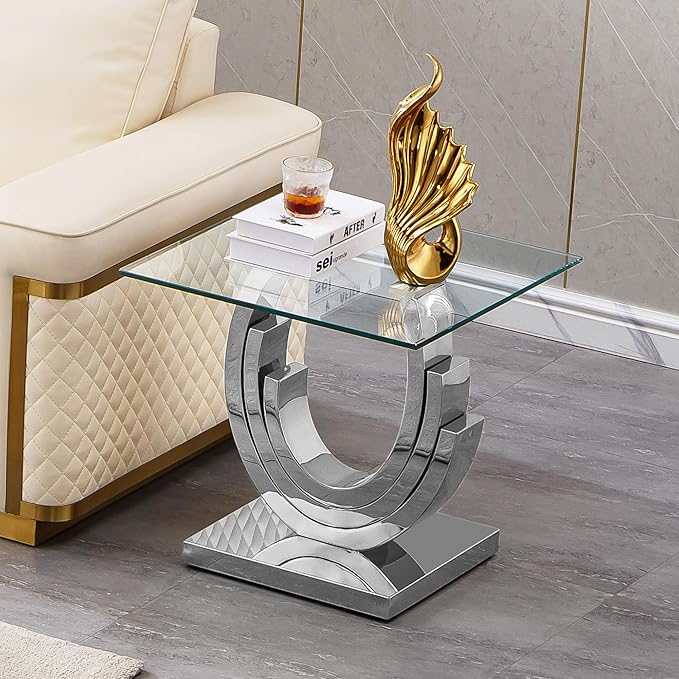 HomVent 22.83" Glass End Table, Living Room Tables, Modern Silver Tempered Glass Top Side Tables Bedroom, Square Small Bed Bedside Eating Table Nightstand for Home Office with Stainless Steel Base