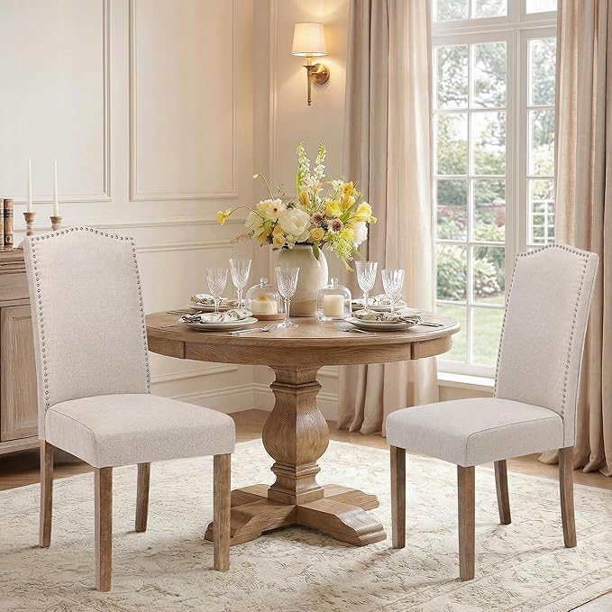 Upholstered Dining Chair Modern Stylish Parsons Kitchen Diner High Back with Silver Nailhead Trim & Wood Legs, Set of 2