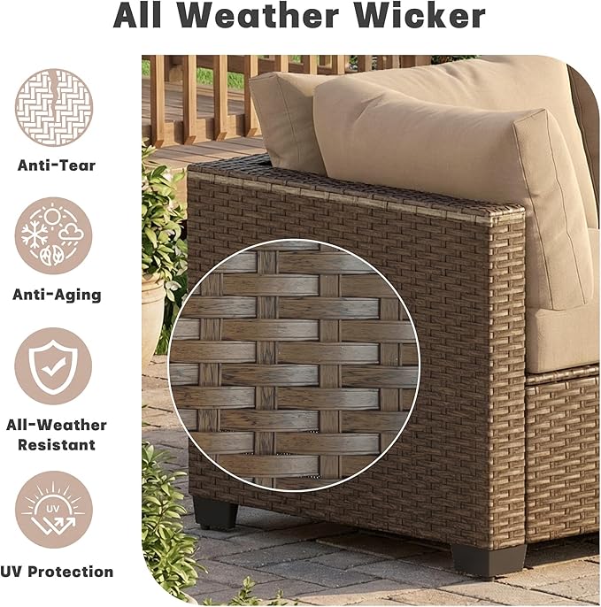 Patio Furniture Set, 7-Piece Outdoor Sectional Couch with Coffee Table & Thick Cushions, Outdoor Wicker Conversation Set for Backyard, Poolside, Garden (Brown-Camel, 7 Piece-Single)