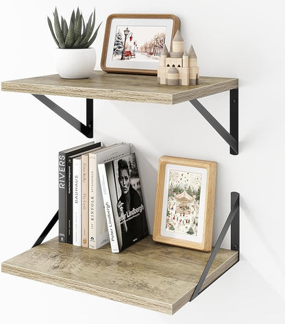Acovy Deep Floating Shelves Wall Mounted, 16"x12" Gray Wall Shelves with Brackets Set of 2 for Bedroom, Living Room, Bathroom, Kitchen, Office - Storage & Display Shelf for Decor, Books, Plants