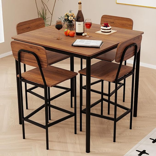 KOTEK 5-Piece Counter Height Dining Table Set, Industrial Kitchen Table and Chairs for 4, Space-Saving Dinette Set with Bar Stools for Dining Room, Pub, Restaurant (Teak)