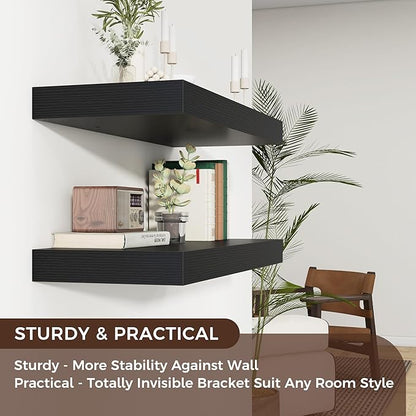 Venusmiles Floating Shelves for Wall, 30" W x 12" D x 2" H, 2 Pack of Long Wall Mounted Engineered Wood Shelves with Invisible Brackets for Living Room, Bedroom, Bathroom, Kitchen Decor, Black