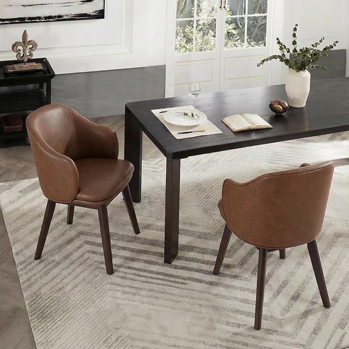 KISLOT Wooden Dining Chairs Set of 2, Faux Leather Upholstered Modern Dining Room Chairs with Barrel Backrest & Double-Layer Thick Cushion for Living Room, Restaurant, Kitchen and Café, Brown
