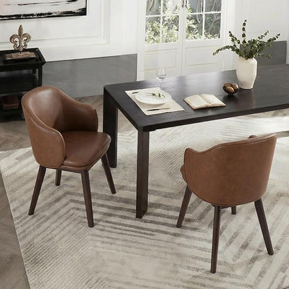 KISLOT Wooden Dining Chairs Set of 2, Faux Leather Upholstered Modern Dining Room Chairs with Barrel Backrest & Double-Layer Thick Cushion for Living Room, Restaurant, Kitchen and Café, Brown