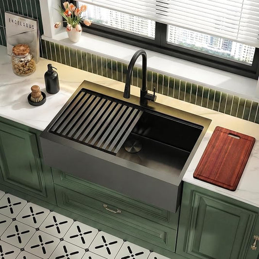 Rhbamoa 36 Inch Black Farmhouse Sink,16 Gauge T304 Black Single Bowl Apron Front Farm Sink,10 Inch Depth Topmount Farmhouse Kitchen Sinks with All Accessories