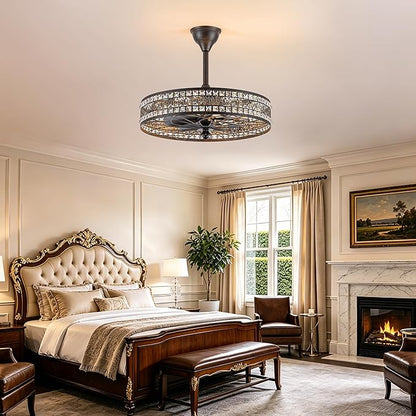 Art Deco Chandelier Light Fixture, 8-Light 24 Inch Large Unique Crystal Fandelier Ceiling Fan with Light, Transitional Art Nouveau Bladeless Enclosed Caged Pendant for Living , Dining , Bedroom