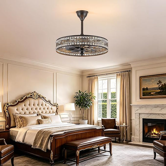 Art Deco Chandelier Light Fixture, 8-Light 24 Inch Large Unique Crystal Fandelier Ceiling Fan with Light, Transitional Art Nouveau Bladeless Enclosed Caged Pendant for Living , Dining , Bedroom