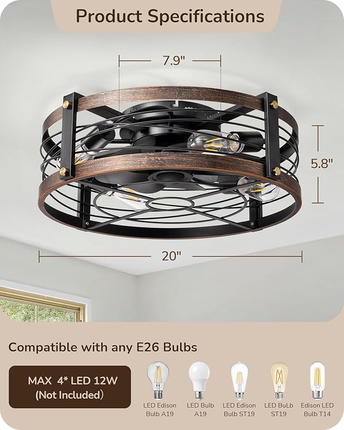 EDISHINE 21" Pre-Assembled Ceiling Fans with Lights Flush Mount, 10%-100% Dimmable, Rustic Low Profile Caged Ceiling Fan with Remote, Small Farmhouse Fan Light Ceiling for Kitchen Bedroom Brushed Gold