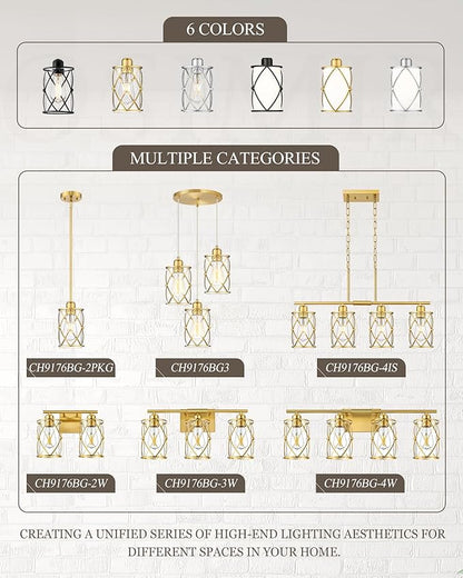 Brushed Gold Dining Room Chandeliers Light Fixtures, Modern 3-Light Pendant Lighting with Clear Glass, Farmhouse Cluster Kitchen Hanging Lights for Sink Bedroom, CH9176BG3