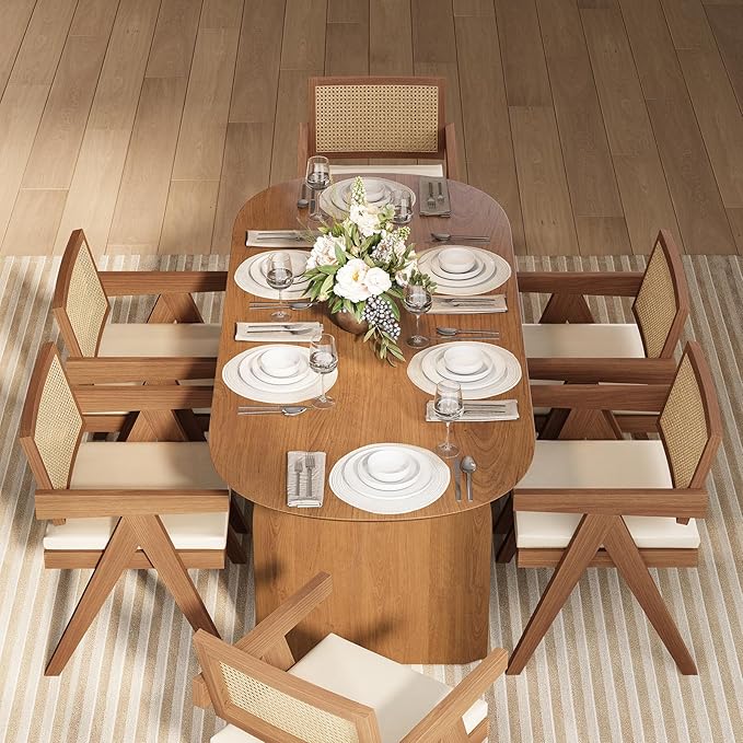 homary Japandi Oval Dining Table for 6, 70.9" Solid Pine Wood Kitchen Table, Modern Mid Century Minimalist Kitchen & Dining Room Table, Double Pedestal Base, Walnut