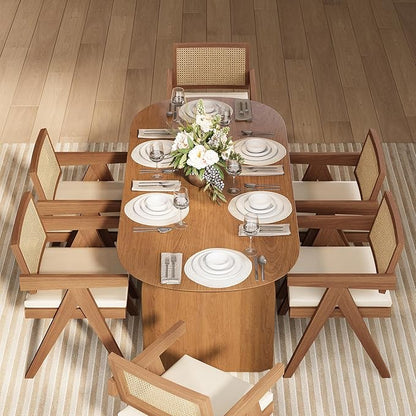 homary Japandi Oval Dining Table for 6, 70.9" Solid Pine Wood Kitchen Table, Modern Mid Century Minimalist Kitchen & Dining Room Table, Double Pedestal Base, Walnut