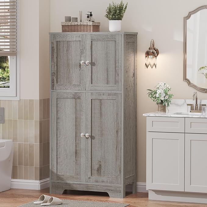 TEENFON Bathroom Floor Storage Cabinet, Freestanding Bathroom Storage Unit with 2 Adjustable Shelves & 4 Doors, 11.8 x 23.6 x 42.7 Inches, Grey