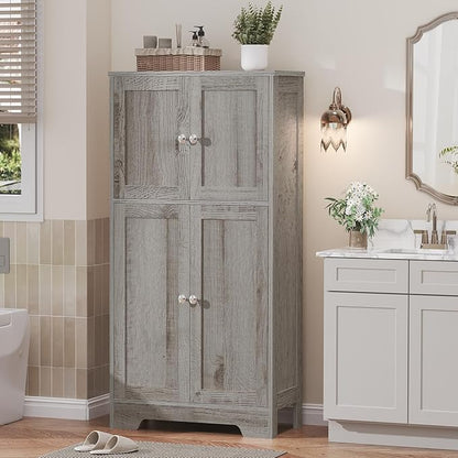 TEENFON Bathroom Floor Storage Cabinet, Freestanding Bathroom Storage Unit with 2 Adjustable Shelves & 4 Doors, 11.8 x 23.6 x 42.7 Inches, Grey