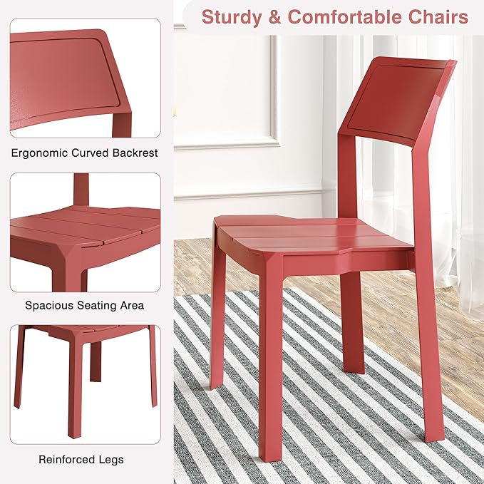 VECELO 4 Pack Plastic Dining Chairs, Stackable Patio Chairs for Indoor Outdoor Use in Kitchen, Poolside, No Assembly Required, Red