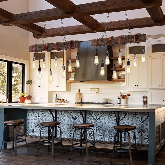 SEEBLEN 8-Lights Farmhouse Kitchen Island Pendant Light, Rustic Wood Chandeliers for Dining Room,Height Adjustable Island Light,Dining Room Bar Restaurant Cafe Pool Table.