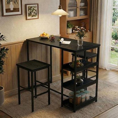 GarveeHome 3-Piece Kitchen Table Set with Storage Shelves & 2 Bar Stools - Iron and Wood Dining Table for Small Spaces, Apartments, Condos, Black