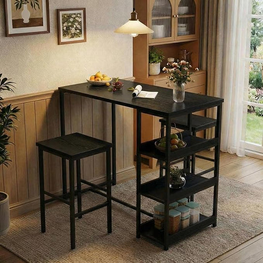 GarveeHome 3-Piece Kitchen Table Set with Storage Shelves & 2 Bar Stools - Iron and Wood Dining Table for Small Spaces, Apartments, Condos, Black