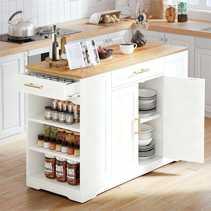 DWVO Large Kitchen Island with Trash Can Cabinet, 53 Inch Kitchen Island on Wheels, Rolling Island with Tilt-Out Garbage Storage Fits 13 Gallon Bin, Spice Rack and Drawer, for Dining Room, White