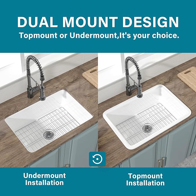 Undermount Kitchen Sink White 27 x 19 Inch,10" High Top Mount Fireclay Sink Drop In Single Bowl, Dual Mount, with Accessory 2 Types, Pure White, for Kitchen & Laundry