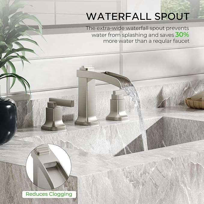 FORIOUS Brass Bathroom Faucets 3 Hole, Modern Waterfall Widespread 8 Inch Brushed Nickel Bathroom Sink Faucet with Metal Pop-up Drain and Pre-Assembled Hose for Vanity, Restroom, Bathtub