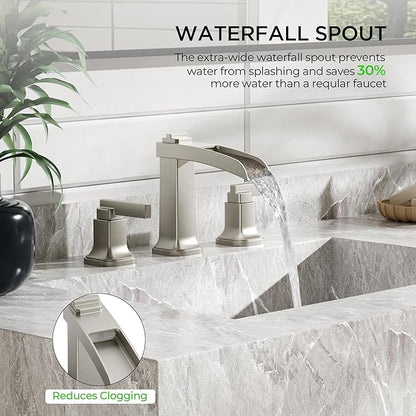 FORIOUS Brass Bathroom Faucets 3 Hole, Modern Waterfall Widespread 8 Inch Brushed Nickel Bathroom Sink Faucet with Metal Pop-up Drain and Pre-Assembled Hose for Vanity, Restroom, Bathtub