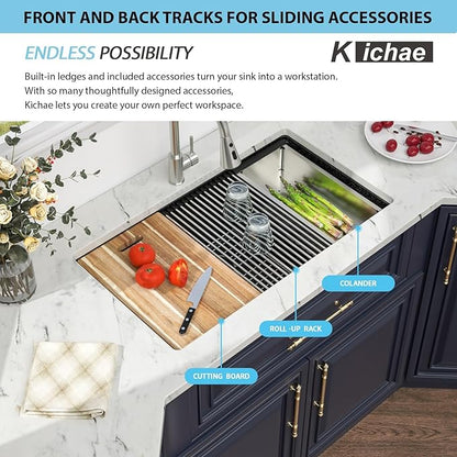 Kichae 33 Granite Composite Kitchen Sink - 33"x19" Granite Kitchen Sink Ledge Workstation Undermount Black Quartz 10" Deep Under Counter Single Bowl Sink Basin