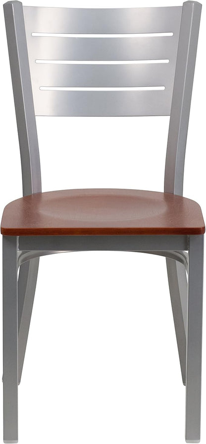 Flash Furniture HERCULES Series Silver Slat Back Metal Restaurant Chair - Cherry Wood Seat