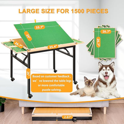 Puzzle Table with 4 Drawers & Legs & Cover 1500 Piece Foldable Adjustable Jigsaw Table with Wheels Wooden Portable No Assembly Puzzle Tables for Adults and Seniors Gifts