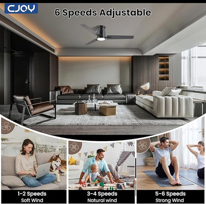 CJOY Ceiling Fan with Lights, 52 Inch Low Profile Ceiling Fans with Light and Remote, Reversible DC, Flush Mount, 3CCT，Dimmable, Modern Indoor/Outdoor Design for Bedroom, Living Room, Patio, Kitchen