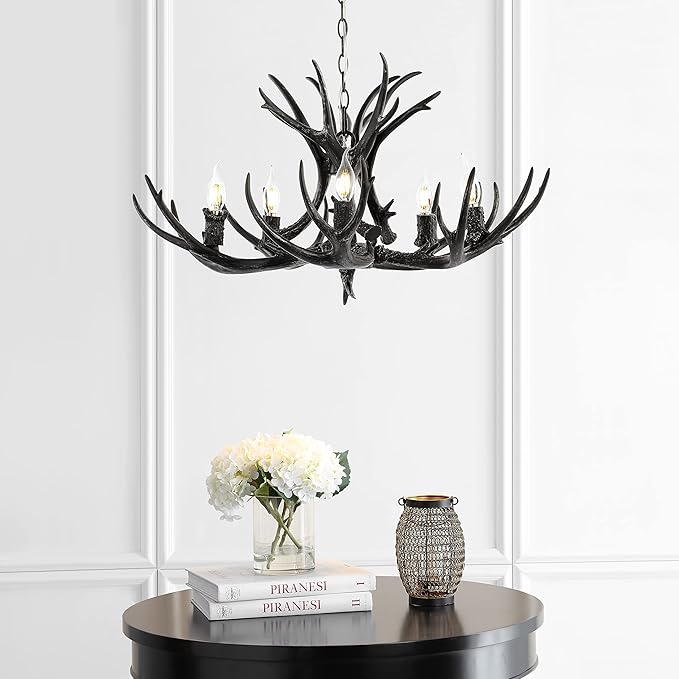 JONATHAN Y 30" Black Rustic Resin Antler 5-Light LED Chandelier, Farmhouse Faux Deer Horn Hanging Ceiling Light for Dining Room, Kitchen Island, Adjustable Light Fixture (JYL6300C)