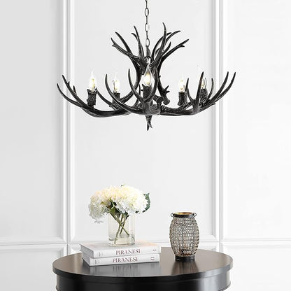 JONATHAN Y 30" Black Rustic Resin Antler 5-Light LED Chandelier, Farmhouse Faux Deer Horn Hanging Ceiling Light for Dining Room, Kitchen Island, Adjustable Light Fixture (JYL6300C)
