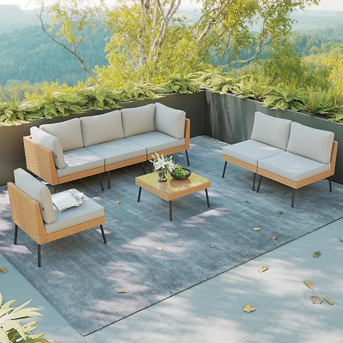 Aoxun Patio Furniture Set, 7 Piece Outdoor Sectional Sofas with Thick Cushion, Wicker Outdoor Patio Furniture Set with Coffee Table for Party, Garden, Backyard, Grey