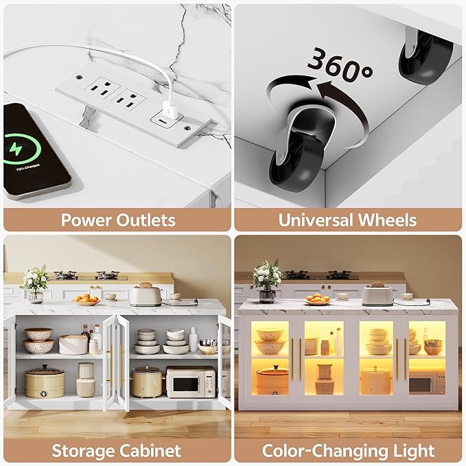 Kitchen Island with Storage, 55" W Large Island Table with LED Light for Dining Room, Kitchen Carts on Wheels Breakfast Bar Table w/Power Outlet, White