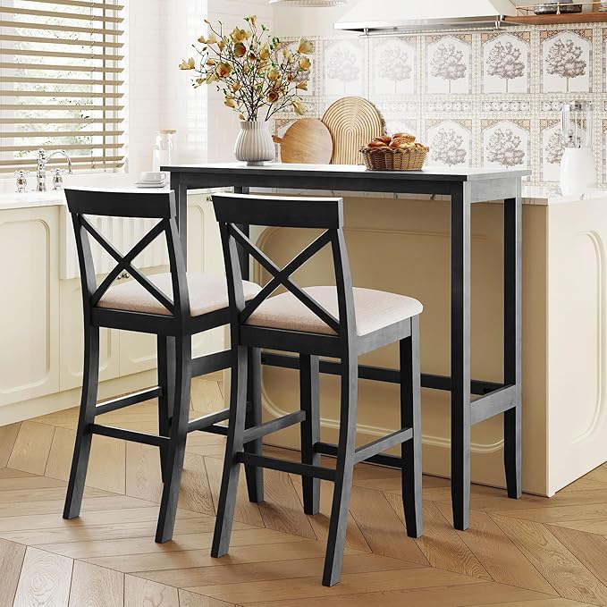 3 Piece Dining Table Set, Farmhosue Kitchen Bar Table Set with 2 Upholstered Chairs, Solid Wood Bar Table and Chairs Set for Kitchen, Dining Room, Living Room, Home Bar, Grey
