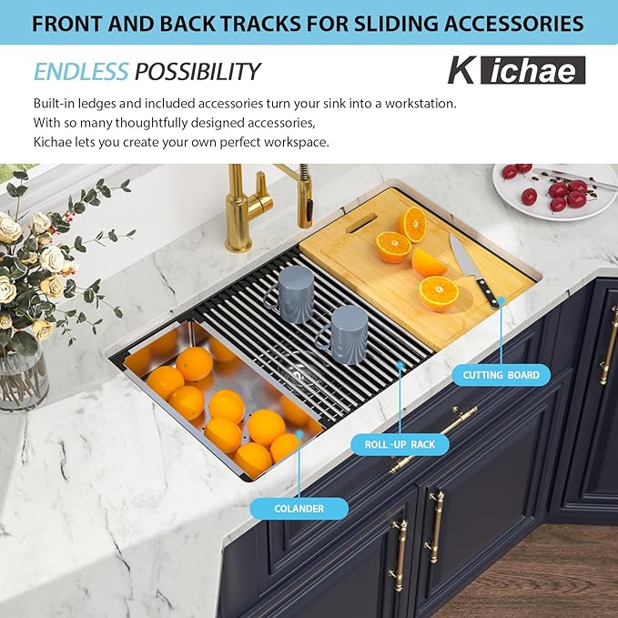 Kichae Granite Composite Undermount Kitchen Sink 32 inch - Granite Quartz Sink 32 x 19 Matte Black Workstation Sinks