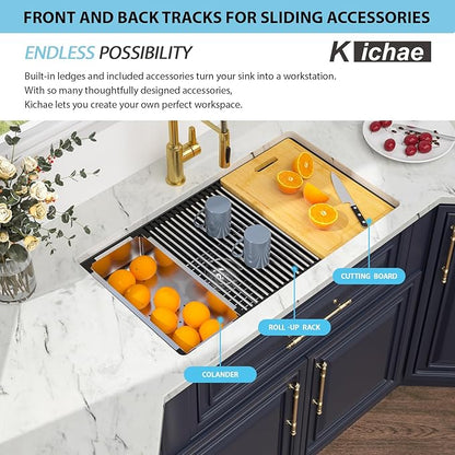 Kichae Granite Composite Undermount Kitchen Sink 32 inch - Granite Quartz Sink 32 x 19 Matte Black Workstation Sinks