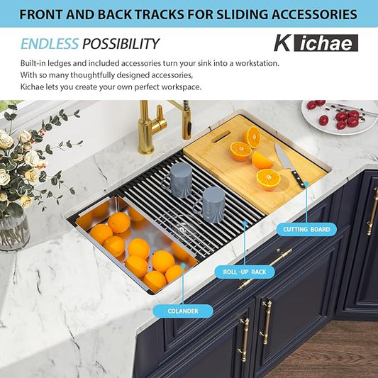 Kichae Granite Composite Undermount Kitchen Sink 32 inch - Granite Quartz Sink 32 x 19 Matte Black Workstation Sinks