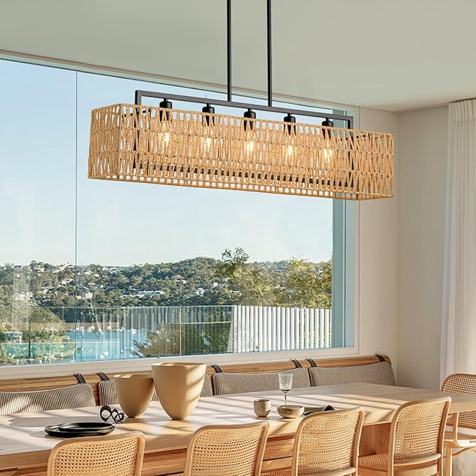 Chandeliers for Dining Room 40 Inch Boho Rattan Chandelier 5-Light Linear Chandelier Large Rectangle Chandelier Over Table, Rattan Light Fixture Kitchen Island Lighting