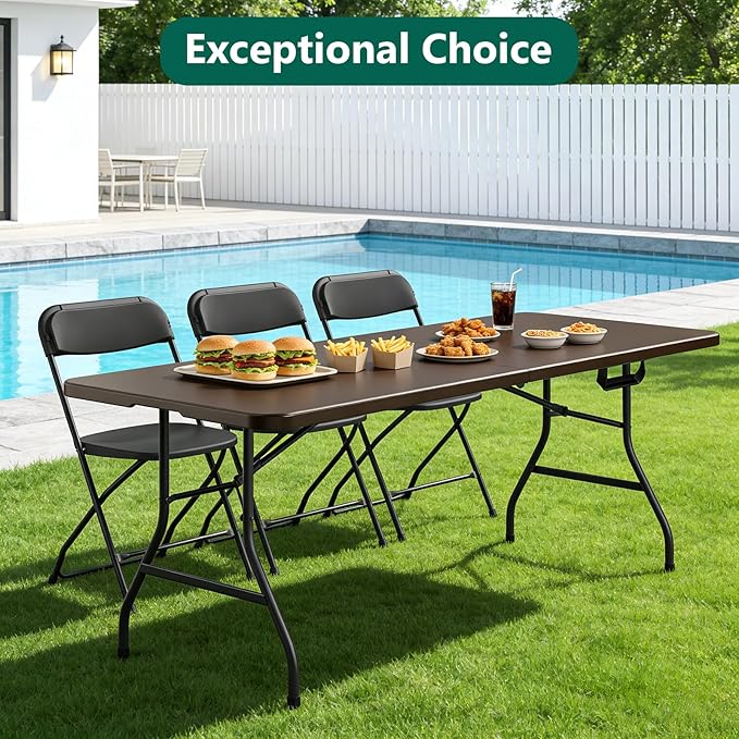 Folding Table 6ft - Heavy Duty Plastic Table with Handle, Foldable & Portable, Fold-in-Half Utility Tables for Outdoor, Dining, Wedding, Events, Indoor, Picnic, Camping, Party(Brown)