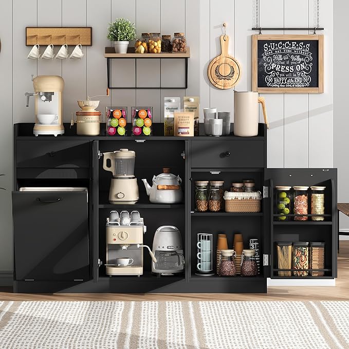 54" Farmhouse Sideboard Buffet Cabinet, Modern Credenza with LED Lights & Glass Doors, Black Credenza Storage & Kitchen Buffet with Countertop, 4 Doors 2 Shelves