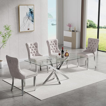 51" Glass Dining Table for 4-6, Modern Dining Room Table with 0.39" Tempered Glass Top and Cross X-Shaped Silver Stainless Steel Base, Rectangle Kitchen Dinner Table for Dining Room