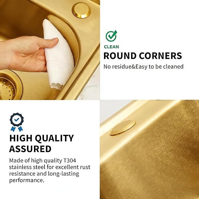 MILOSEN 15 x 15 inch Gold Drop in Bar Sink, T304 Stainless Steel Topmount RV Small Kitchen Sinks, Gold Deep Outdoor Single Bowl Wet Bar&Prep Sinks with Strainer, Brushed Nickel