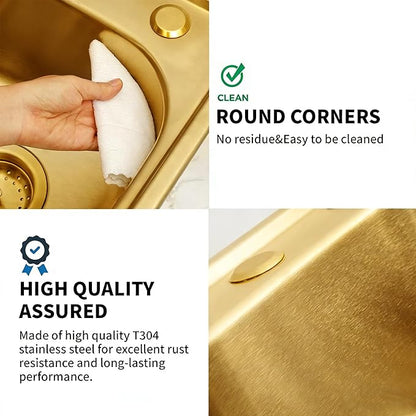 MILOSEN 15 x 15 inch Gold Drop in Bar Sink, T304 Stainless Steel Topmount RV Small Kitchen Sinks, Gold Deep Outdoor Single Bowl Wet Bar&Prep Sinks with Strainer, Brushed Nickel