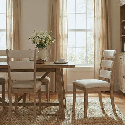 Beige Dining Chairs Set of 6, French Country Upholstered Chenille Ladder High Back Dining Room Kitchen Side Chairs with Brown Legs/Non-Slip Foot Mats