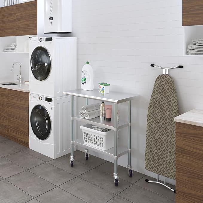 Stainless Steel Work Table with 2 Shelves and Casters | Kitchen Island Food Prep | Laundry Garage Utility Bench | NSF Certified (36" Long x 18" Deep)