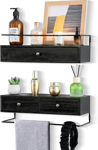 dreampossible 2-Pack Rustic Floating Shelves with Drawer, Black, 15.8 Inch Long, Wall-Mounted, Bathroom, Kitchen, Living Room Storage