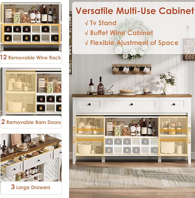 CABIHOME Farmhouse 59'' Buffet Cabinet with Sliding Barn Door, 33.4'' Tall Wood Rustic Sideboard with 3 Drawer, Adjustable Shelf and Removable Wine Rack for Dining Room, Kitchen, Living Room, White