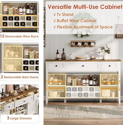 CABIHOME Farmhouse 59'' Buffet Cabinet with Sliding Barn Door, 33.4'' Tall Wood Rustic Sideboard with 3 Drawer, Adjustable Shelf and Removable Wine Rack for Dining Room, Kitchen, Living Room, White